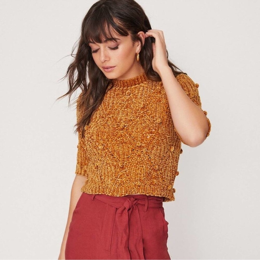 Lost + Wander Chenille Bobble Sweater S/M – Textured Knit Pom Pom Mock Neck